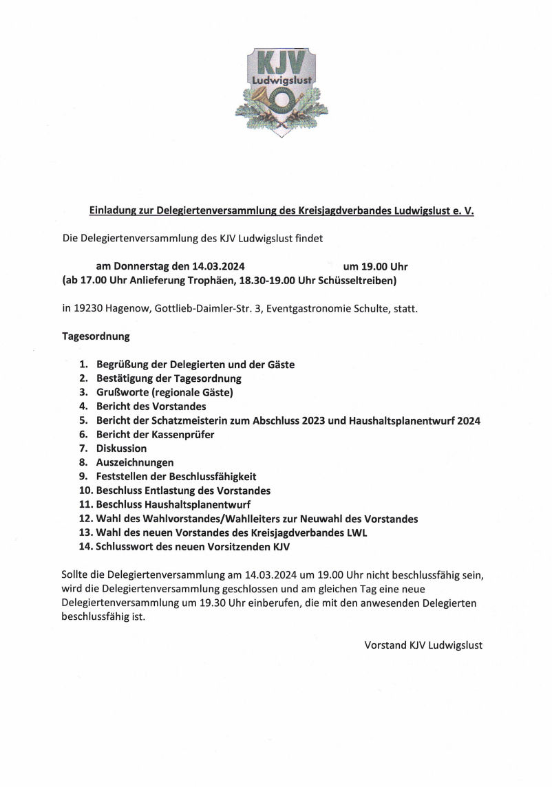 Einladung zur KDK 2024 des KJV Ludwigslust e V.